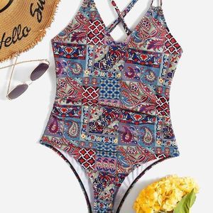 NEW! Bohemian Pattern One Piece Swimsuit Patchwork Paisley Moroccan Large